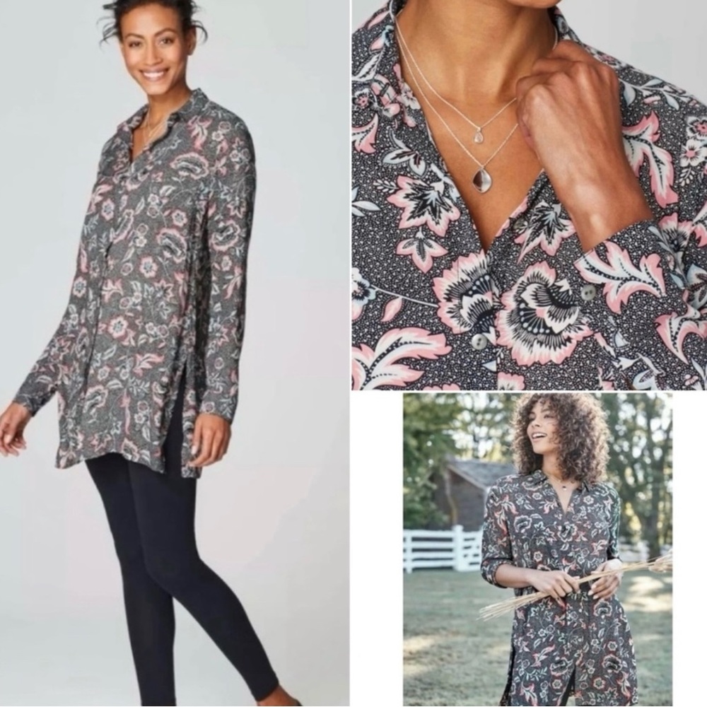 J. Jill Tunic Blouse Sz XL Gray Floral Crinkle Collared Button Up Casual Grandma